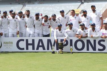 India players celebrate after completeing a series clean-sweep against South Africa on Tuesday. AP