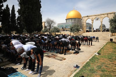 Muslim worshippers attend Friday prayers at Al Aqsa Mosque. EPA