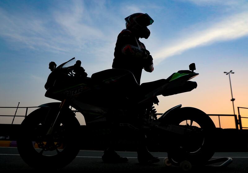 A biker after a session at a Mini GP event at Sahara Amusement in Sharjah. All photos: Chris Whiteoak / The National
