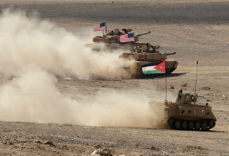 Jordanian and American tanks take part in the ‘Eager Lion’ multinational military manoeuvres in the Al Zarqa region.  AFP