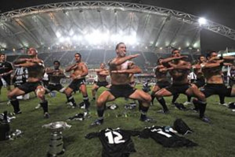 New Zealand players perform the haka following their win over South Africa during the Hong Kong Rugby Sevens tournament in March 2008.
