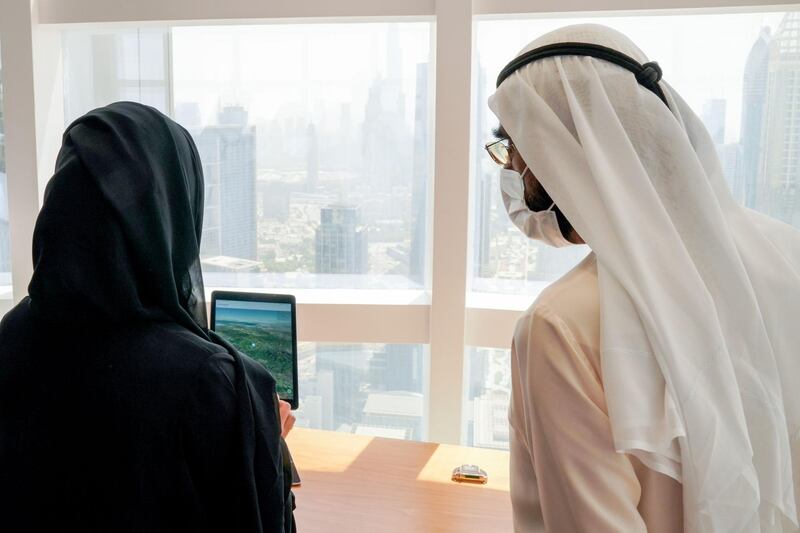 Sheikh Mohammed bin Rashid, Vice President and Ruler of Dubai, meets representatives from Marshal Intech, developers of the Ghalib satellite. Courtesy: Dubai Media Office  