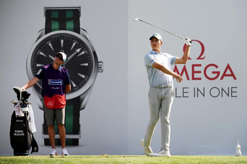 Rasmus Hojgaard of Denmark after teeing off on the 7th hole during Day Two of the Omega Dubai Desert Classic. Getty