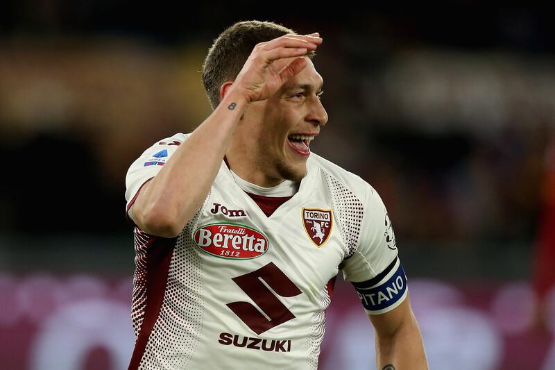 ROME, ITALY - JANUARY 05:  Andrea Belotti of Torino FC celebrates after scoring the team's second goal from penalty spot during the Serie A match between AS Roma and Torino FC at Stadio Olimpico on January 5, 2020 in Rome, Italy.  (Photo by Paolo Bruno/Getty Images)