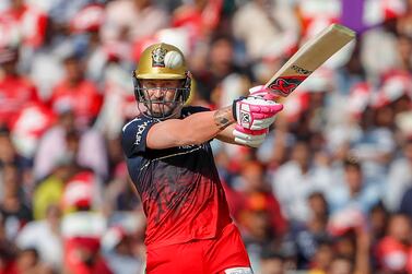 Royal Challengers Bangalore's Faf du Plessis plays a shot during the Indian Premier League cricket match between Punjab Kings and Royal Challengers Bangalore in Mohali, India, Thursday, April 20, 2023.  (AP Photo / Surjeet Yadav)