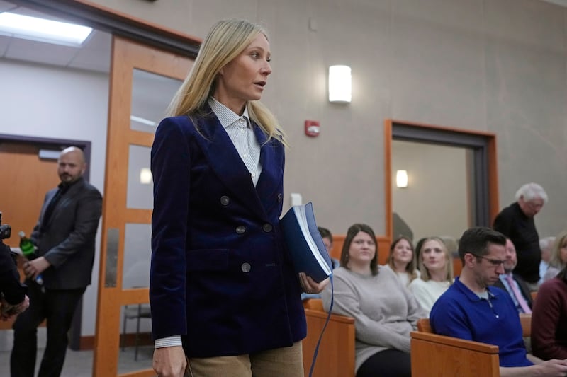 For the eighth and final day in court on March 30, Paltrow wore a double-breasted navy blazer, a blue and white striped shirt and khaki trousers. AP Photo 