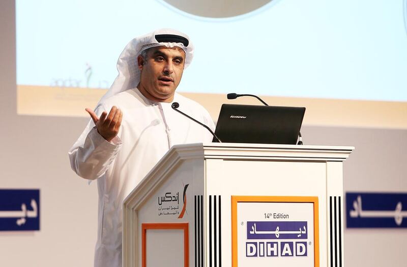 Dr Ibrahim Al Dabal speaks on Thursday about the need to empower UAE students at the Dubai International Humanitarian Aid and Development Conference.  Pawan Singh / The National