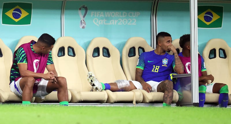 Gabriel Jesus and his strapped knee during the Group G match against Cameroon. EPA