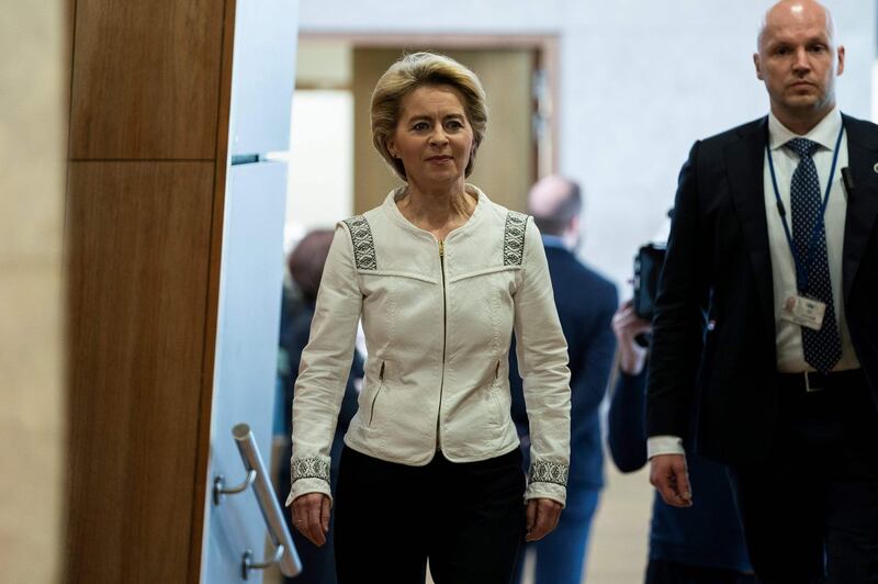 European Commission President Ursula von der Leyen at the meeting of the college of commissioners, on December 4, 2019 at the European commission headquarters in Brussels.   / AFP / Kenzo TRIBOUILLARD
