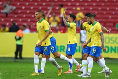 PORTO ALEGRE, BRAZIL - JUNE 9: Phillippe Coutinho of Brazil celebrates with his teammates after scoring the third goal of his team during the match Brazil v Honduras, at Beira-Rio Stadium on June 9, 2019, in Porto Alegre, Brazil. (Photo by Lucas Uebel/Getty Images)