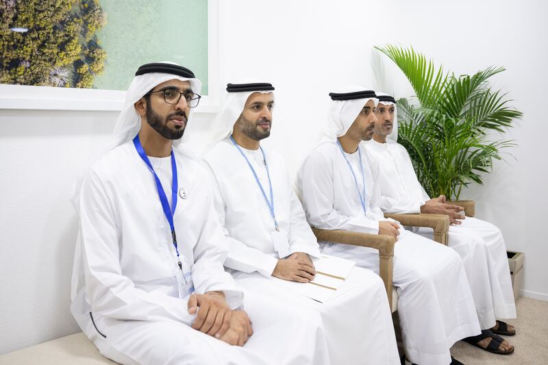 Sheikh Shakhbut bin Nahyan, UAE Minister of State, Sheikh Mohamed bin Hamad, Sheikh Hamdan bin Mohamed and Mohamed Al Mazrouei, undersecretary of the Presidential Court. Hamad Al Kaabi / UAE Presidential Court