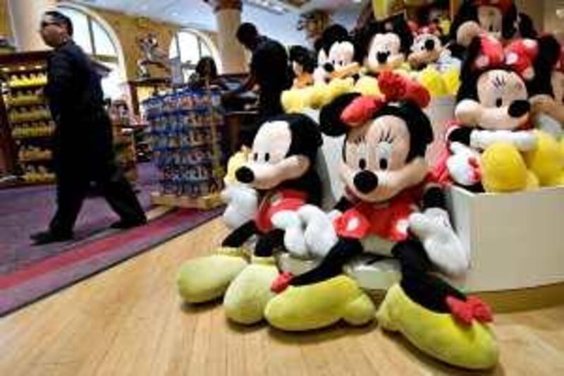 Plush Mickey and Minnie Mouse characters sit on display in the World of Disney store in New York, U.S., on Monday, Aug. 31, 2009. Walt Disney Co. said it agreed to buy Marvel Entertainment Inc. for about $4 billion in a stock and cash transaction, gaining comic book characters including Iron Man, Spider-Man and Captain America. Photographer: Daniel Acker/Bloomberg