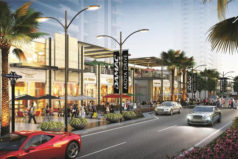 The Drive for Akoya by Damac is a Beverly Hills-style shopping strip. The high-end shopping street is set to include an artificial ice rink, outdoor cinema, nine-hole putting green and children’s play area. Courtesy Damac