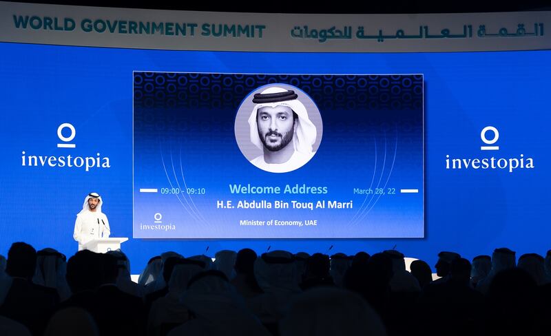 UAE Minister of Economy Abdulla Bin Touq speaks at the Investopia Summit in Dubai. Photo: World Government Summit