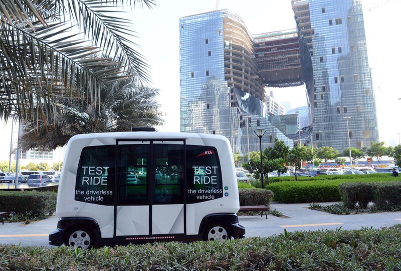 Welcome to the future – the 10-seat smart driverless car is tested by the Roads and Transport Authority in Business Bay, Dubai. Photo: RTA