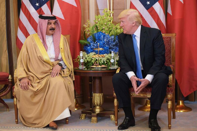 Donald Trump, right, and Bahrain’s King Hamad bin Isa Al Khalifa take part in a bilateral meeting at a hotel in Riyadh on May 21, 2017. Mandel Ngan / AFP