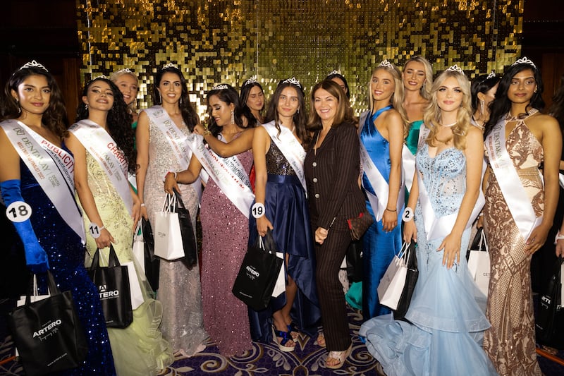 Miss England director Angie Beasley with finalist Melisa Raouf and other contestants. Photo: Kam Murali