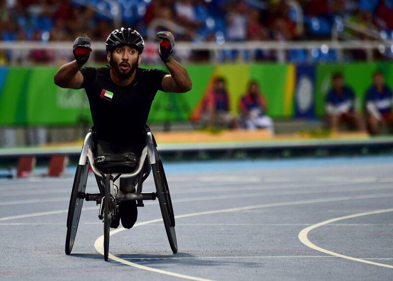Mohammed Al Hammadi celebrates after winning the T34 800m wheelchair race in a new Paralympic Games record time. Tasso Marcelo / AFP