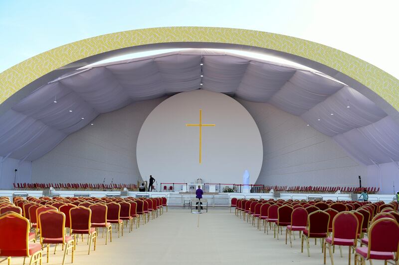 The main stage where Mass will be held at Bahrain National Stadium during Pope Francis's visit. Khushnum Bhandari / The National