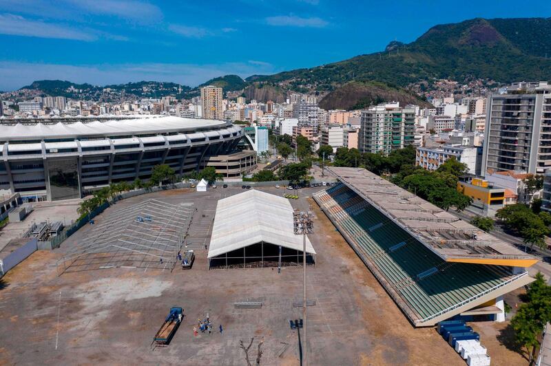 Aerial view of a temporary field hospital set up for coronavirus patients at Maracana Stadium. AFP