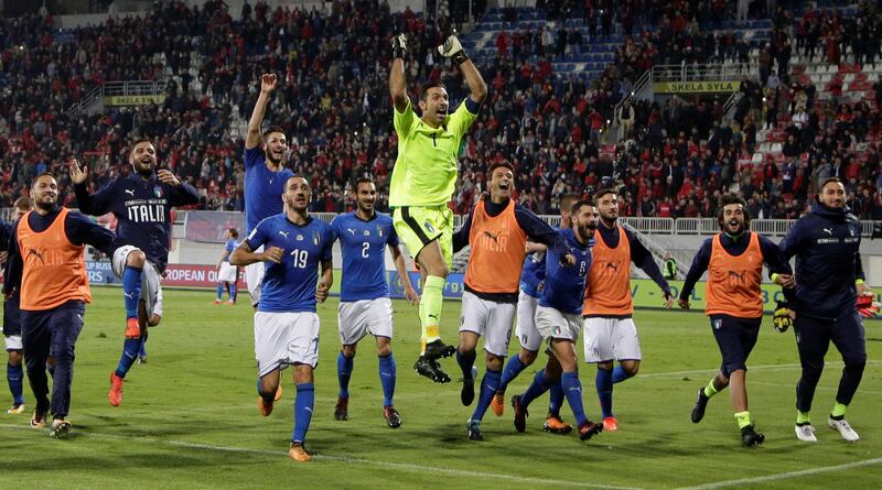 Soccer Football - 2018 World Cup Qualifications - Europe - Albania vs Italy - Loro Borici Stadium, Shkoder, Albania - October 9, 2017   Italy celebrate after the match                   REUTERS/Max Rossi