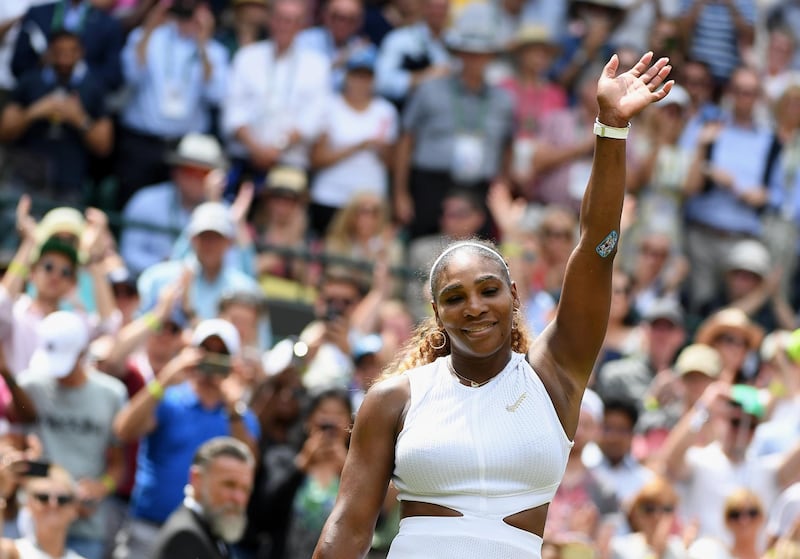epa07703485 Serena Williams of the USA celebrates winning against Carla Suarez Navarro of Spain during their fourth round match for the Wimbledon Championships at the All England Lawn Tennis Club, in London, Britain, 08 July 2019. EPA/ANDY RAIN EDITORIAL USE ONLY/NO COMMERCIAL SALES