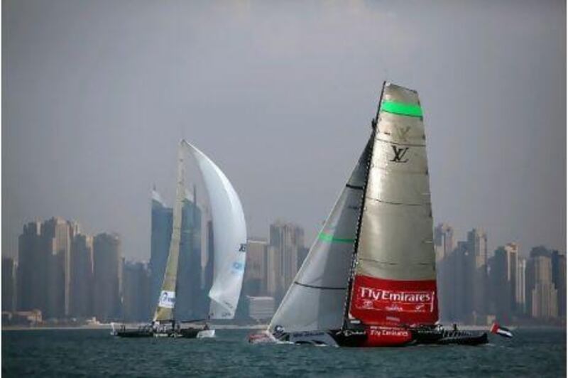 Synergy, left, and Emirates Team New Zealand were among competitors in the first series of round-robin matches yesterday.