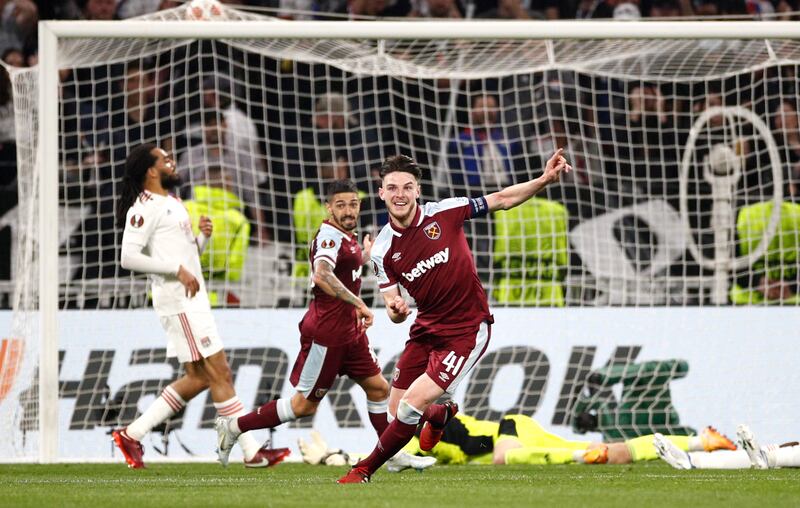 West Ham's Declan Rice after scoring. EPA