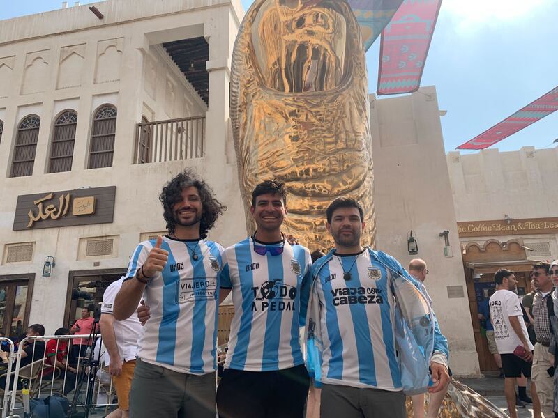 Leandro Pighi, Lucas Ledezma and Matias Vilaruel cycled through 15 countries over six months, arriving in Qatar the day before the tournament kicked off.  Ali Al Shouk/ The National