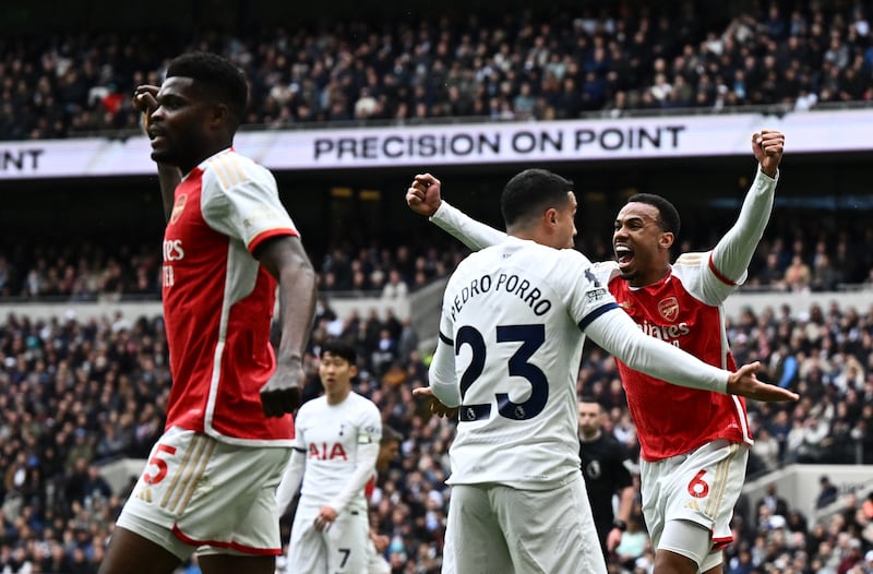 Arsenal's Gabriel celebrates after Tottenham midfielder Pierre-Emile Hojbjerg scored an own goal. Reuters