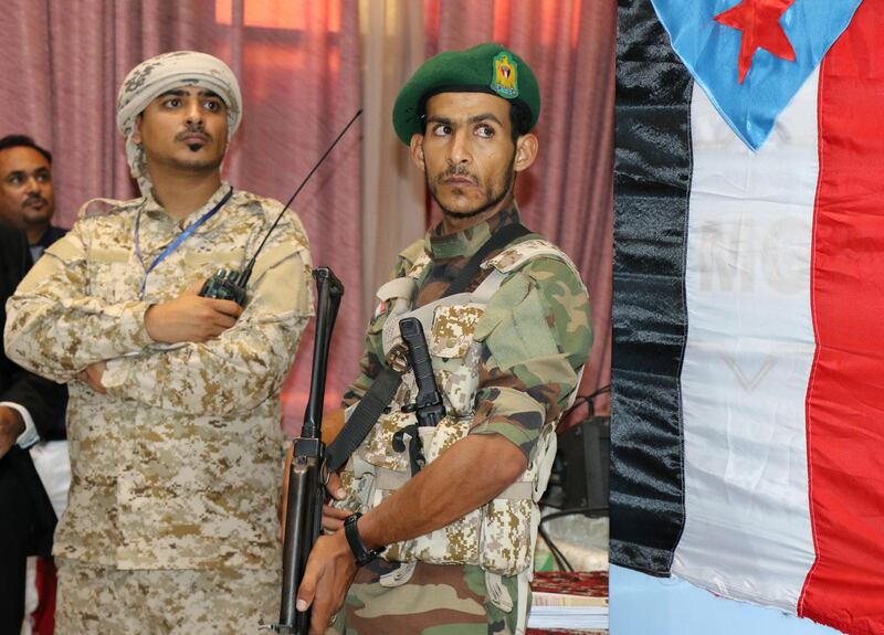 Yemeni soldiers stand guard during the meeting of the national assembly of Yemen's separatist Southern Transitional Council in Mukalla. Reuters