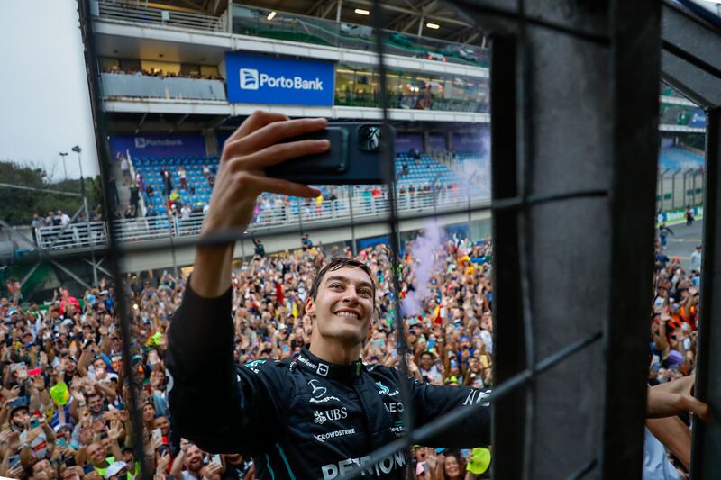 A selfie for British Mercedes driver George Russell after he won the Brazilian Grand Prix in Sao Paulo. AP Photo