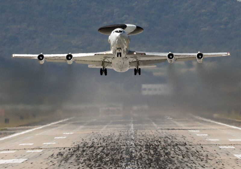 A US Air Force E-3 AWACS  takes off at Osan US Air Base in Pyeongtaek, South Korea. Yonhap / AFP Photo