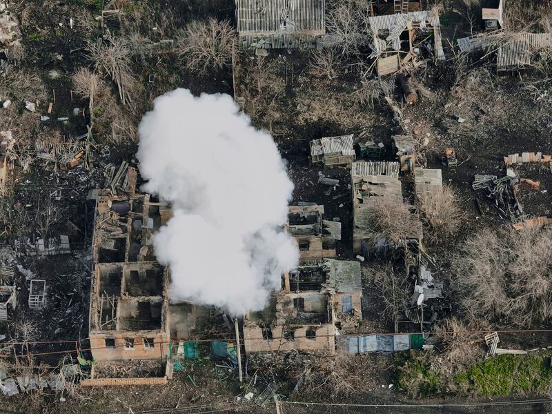 Ruined buildings after Russian attacks in the outskirts of Bakhmut, Ukraine. AP