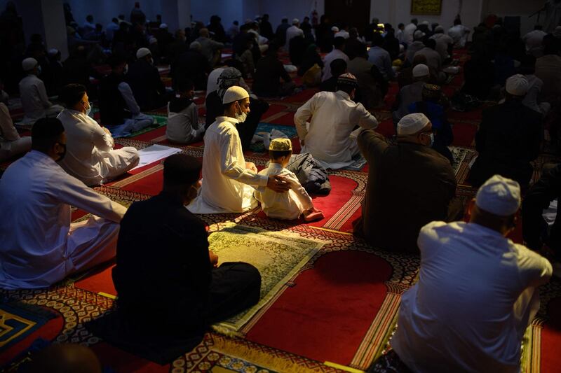 Worshippers gather for Eid Al Fitr prayers at Bradford Central Mosque in Bradford, England. AFP