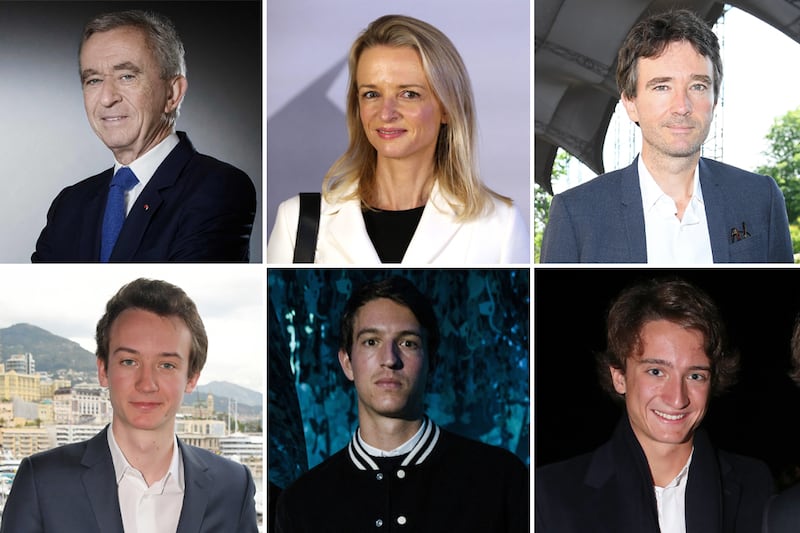 Clockwise from top left: Bernard Arnault, Delphine Arnault, Antoine Arnault, Jean Arnault, Alexandre Arnault and Frederic Arnault. Getty Images / AFP / Bloomberg