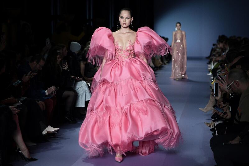 A look from the Georges Hobeika spring / summer 2020 show at Paris Haute Couture Fashion Week on January 20, 2020. AFP