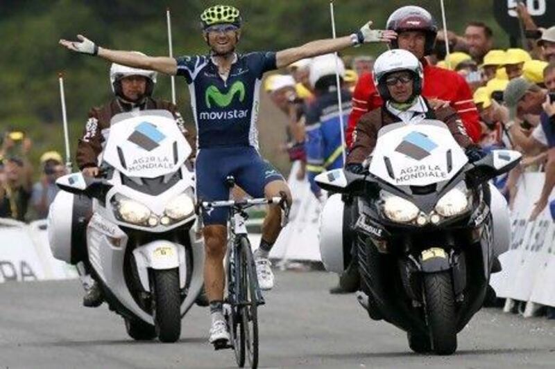 Alejandro Valverde celebrates winning the 17th stage of the Tour de France.