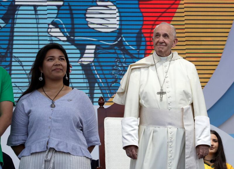 Pope Francis arrives at the World Youth Day welcome ceremony. AP Photo