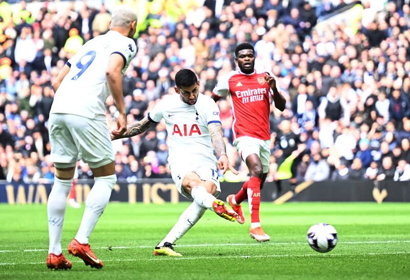 Tottenham's Cristian Romero scores their first. Reuters