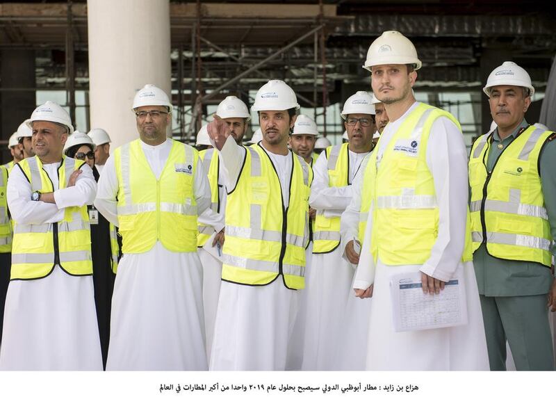 Sheikh Hazza bin Zayed, Deputy Chairman of the Abu Dhabi Executive Council, visits the departures and arrivals halls, parking and the transit passengers’ section during his tour of the Midfield Terminal Building at Abu Dhabi International Airport on Sunday. Wam