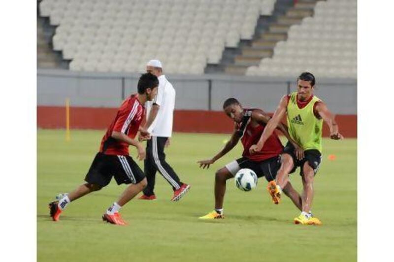 Newly acquired Nelson Valdez, far right, scrimmages ahead of Al Jazira's UAE League Cup match against Sharjah.