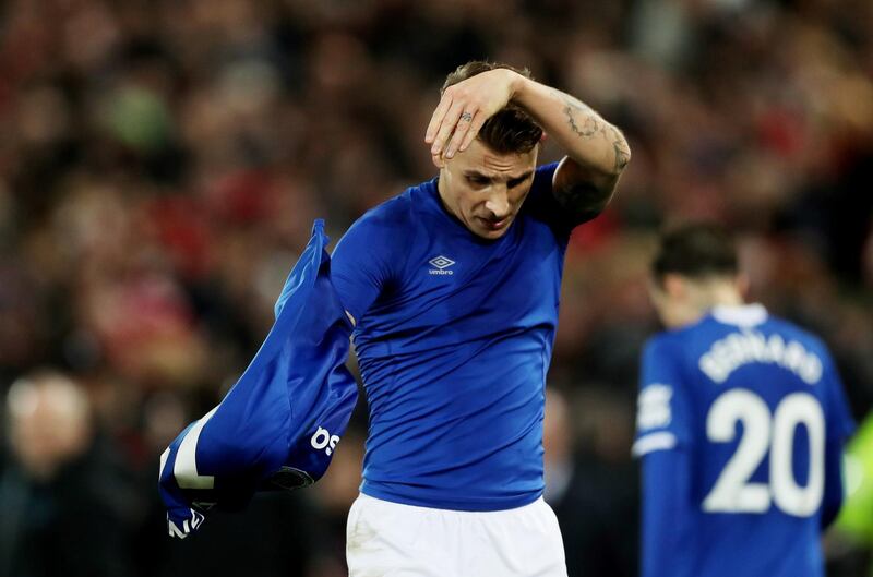 Everton's Lucas Digne after a miserable Mersey derby. Reuters