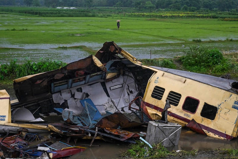 The wreckage of Kanchenjunga Express passenger train at Rangapani in West Bengal state, north-east India. AFP