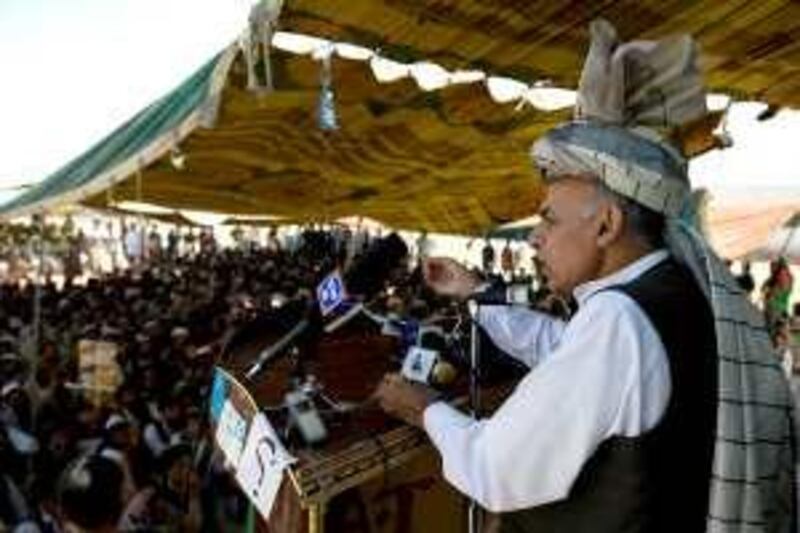AUGUST 10, 2009, GARDEZ, AFGHANISTAN: Ashraf Ghani Ahmadzai delivers his speech to a crowd in Gardez, the capital of Paktia province. Chris Sands/The National *** Local Caption ***  ghanicrowd.jpg