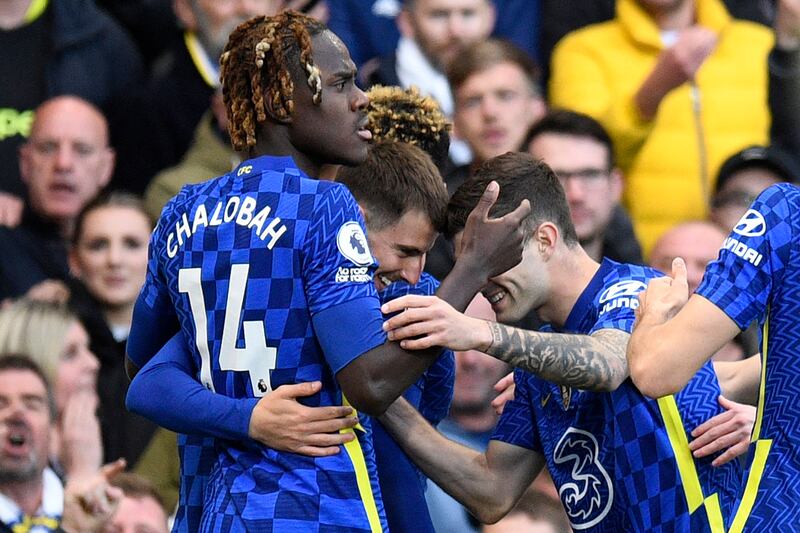 Chelsea midfielder Mason Mount celebrates with teammates after scoring the opening goal in the 3-0 Premier League victory against Leeds United at Elland Road. AFP