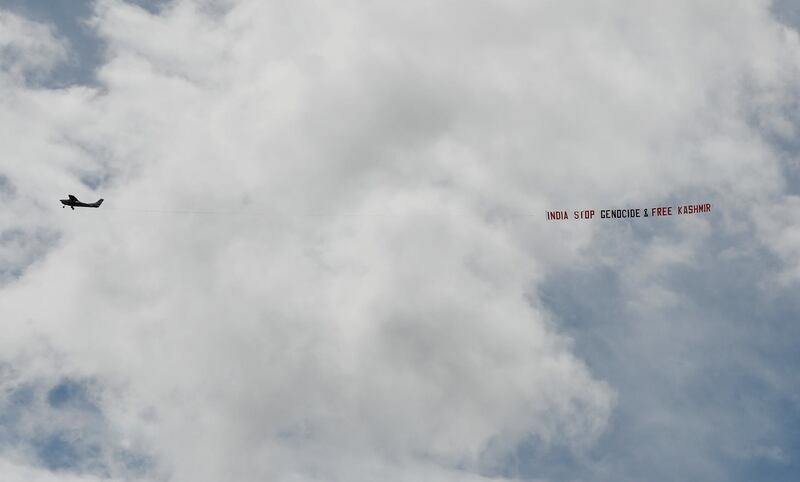 Cricket - ICC Cricket World Cup - Sri Lanka v India - Headingley, Leeds, Britain - July 6, 2019   A plane with a banner flies over the match   Action Images via Reuters/Lee Smith