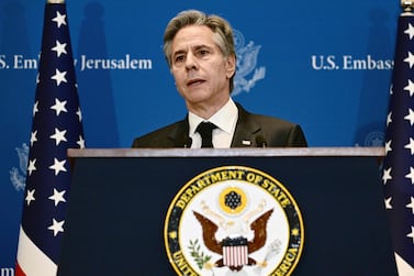 US Secretary of State Antony Blinken addresses a press conference in Tel Aviv on January 9, 2024, during his week-long trip aimed at calming tensions across the Middle East, amid continuing battles between Israel and the Palestinian militant group Hamas in Gaza.  (Photo by Alberto PIZZOLI  /  AFP)