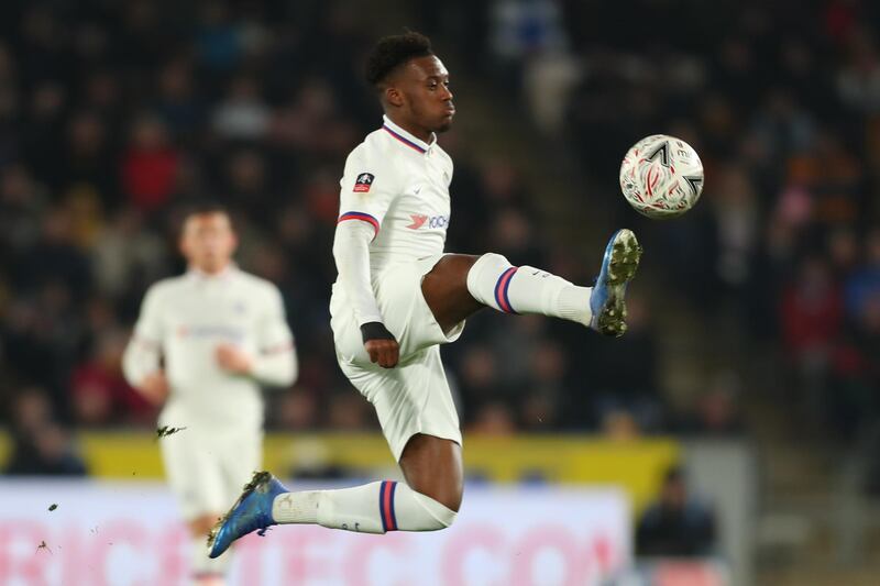 HULL, ENGLAND - JANUARY 25: Callum Hudson-Odoi of Chelsea FC controls the ball during the FA Cup Fourth Round match between Hull City and Chelsea at KCOM Stadium on January 25, 2020 in Hull, England. (Photo by Ashley Allen/Getty Images)