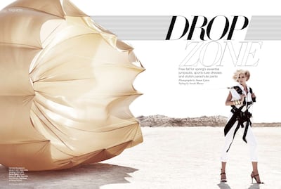 The Drop Zone fashion shoot, by Sarah Maisey and Simon Upton, that took place on the Russian plane in Umm Al Quwain. Photo: Simon Upton for Harper's Bazaar Arabia